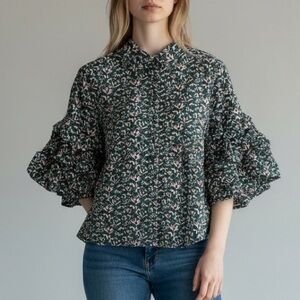 Tuckernuck Hyacinth house Ruffle sleeve cotton Noah blouse xxs Green pink floral